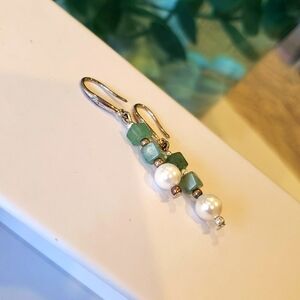 NWT 925 Sterling Silver Jade PEARLS DROP DANGLE EARRINGS  1" Authentic